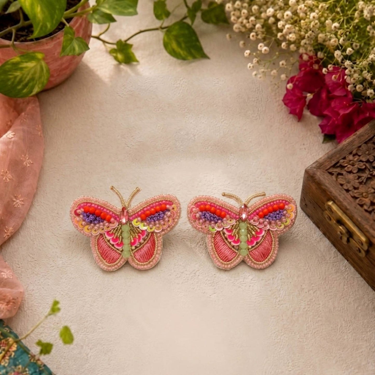Light Pink Color Butterfly Design Handcraft Earrings For Trendy Women