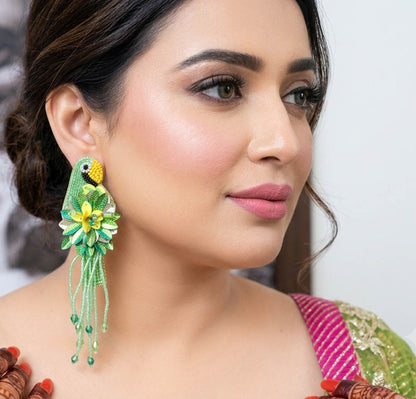 Green Color Parrot Design Handcraft Earrings With Traditional Craft Elegance