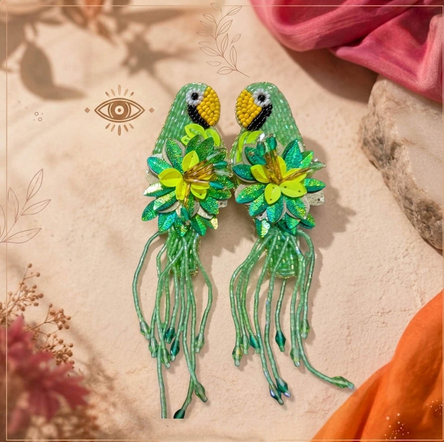 Green Color Parrot Design Handcraft Earrings With Traditional Craft Elegance