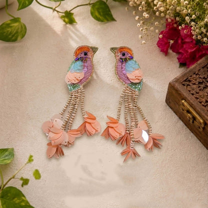 Peach Color Parrot Design Handcraft Earrings With Elegant Craft Detailing