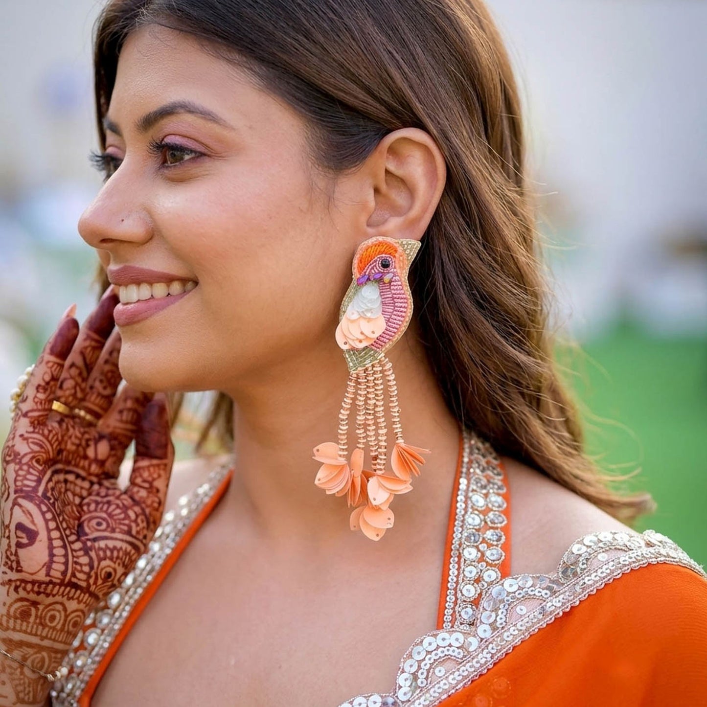 Peach Color Parrot Design Handcraft Earrings With Elegant Craft Detailing