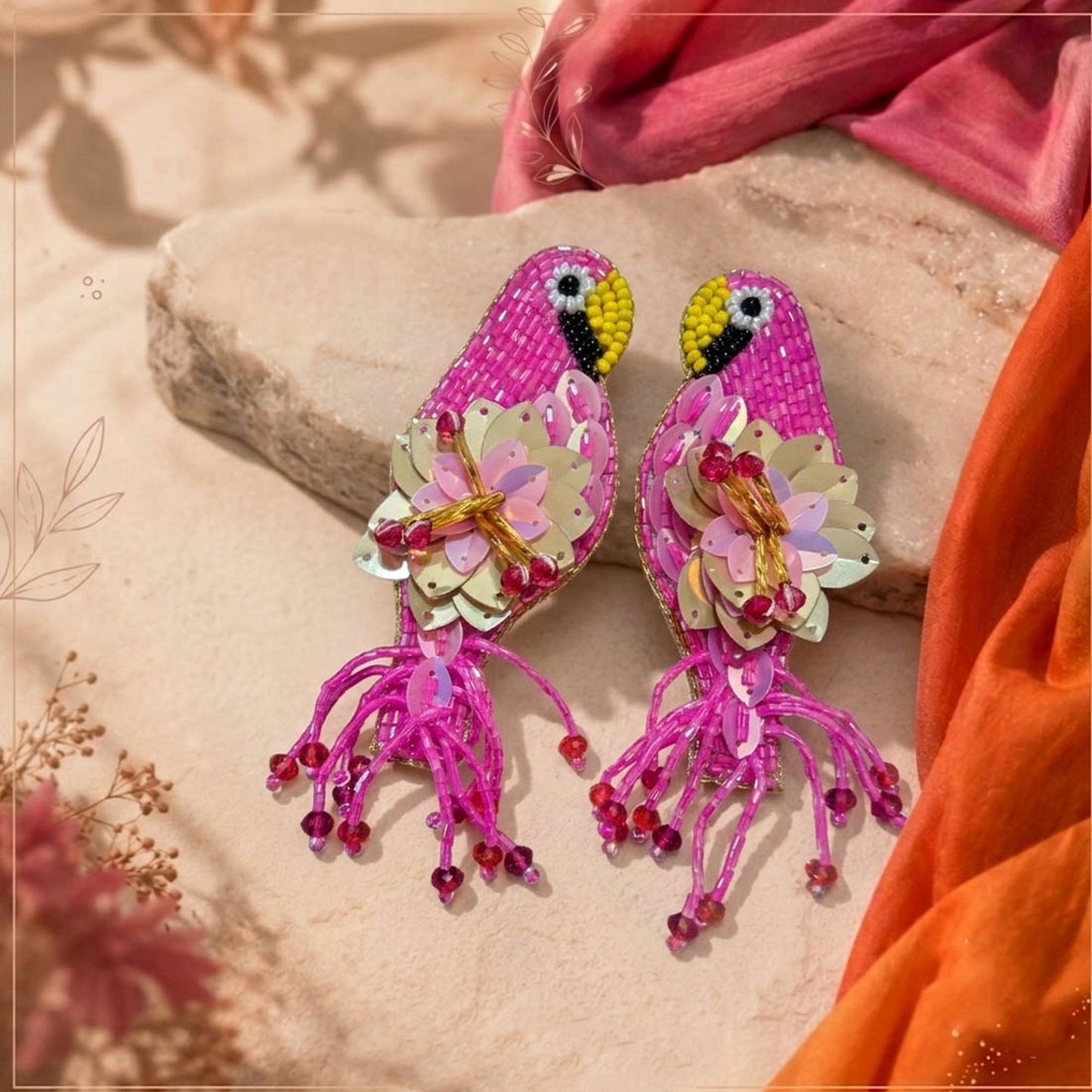 Pink Color Parrot Design Handcraft Earrings With Charming Artistic Finish
