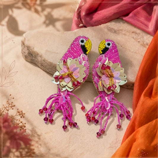 Pink Color Parrot Design Handcraft Earrings With Charming Artistic Finish