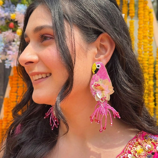 Pink Color Parrot Design Handcraft Earrings With Charming Artistic Finish
