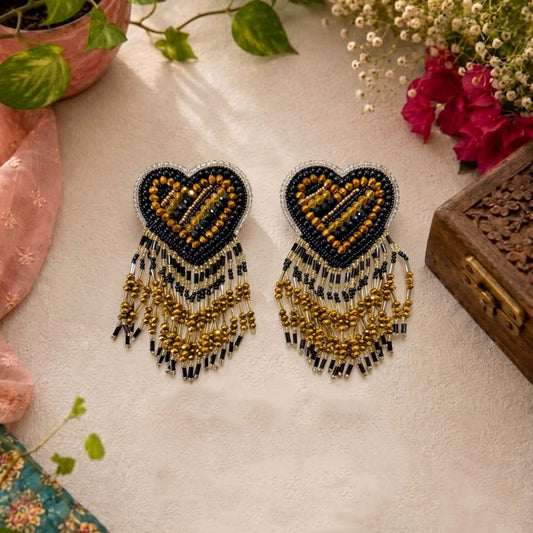 Black & Gold Color Heart Shape Handcraft Earrings With Stylish Design
