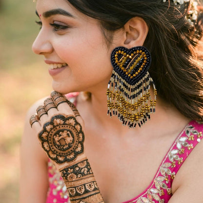 Black & Gold Color Heart Shape Handcraft Earrings With Stylish Design