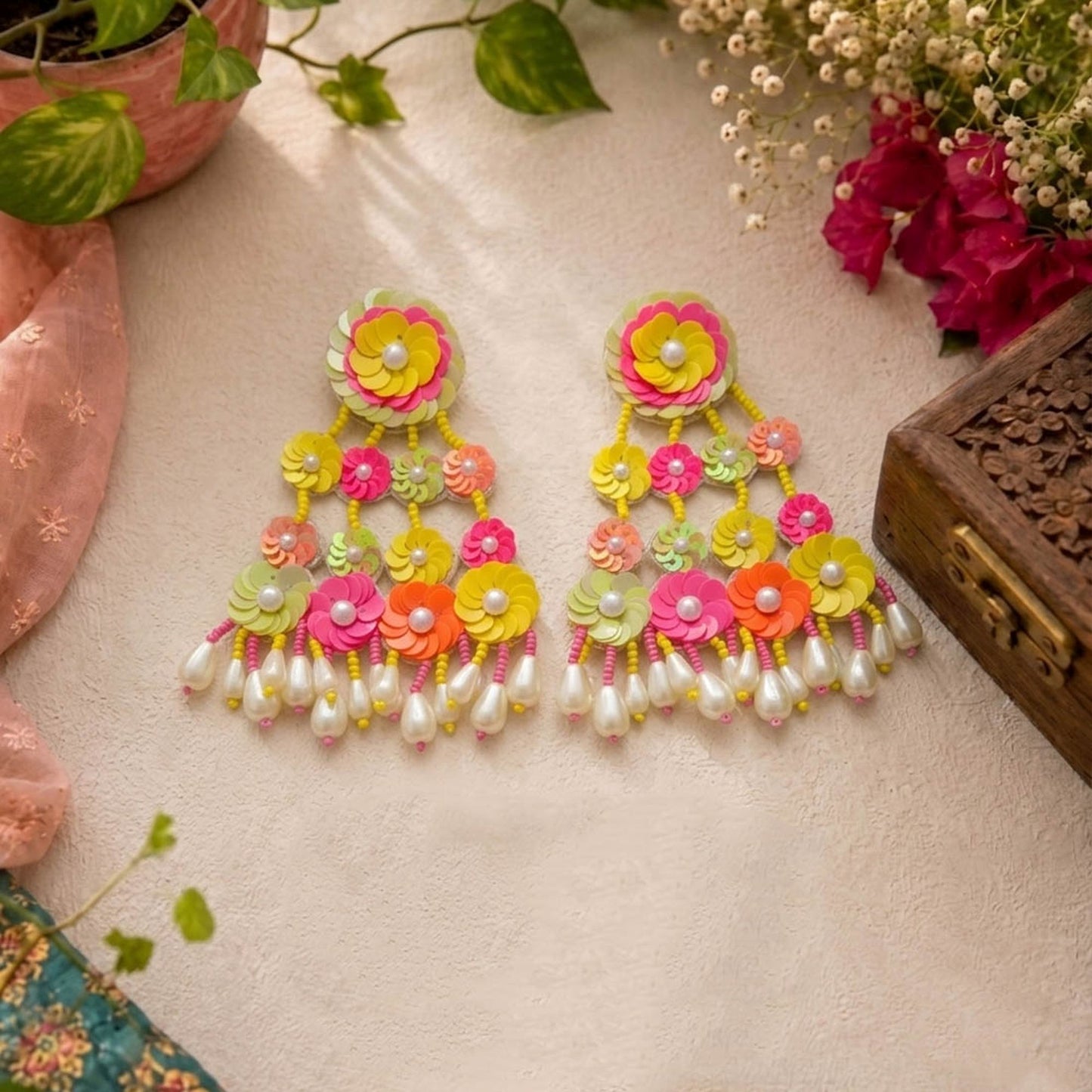 Multi Color Flower Design Handcraft Earrings With Beautiful Handmade Craftsmanship