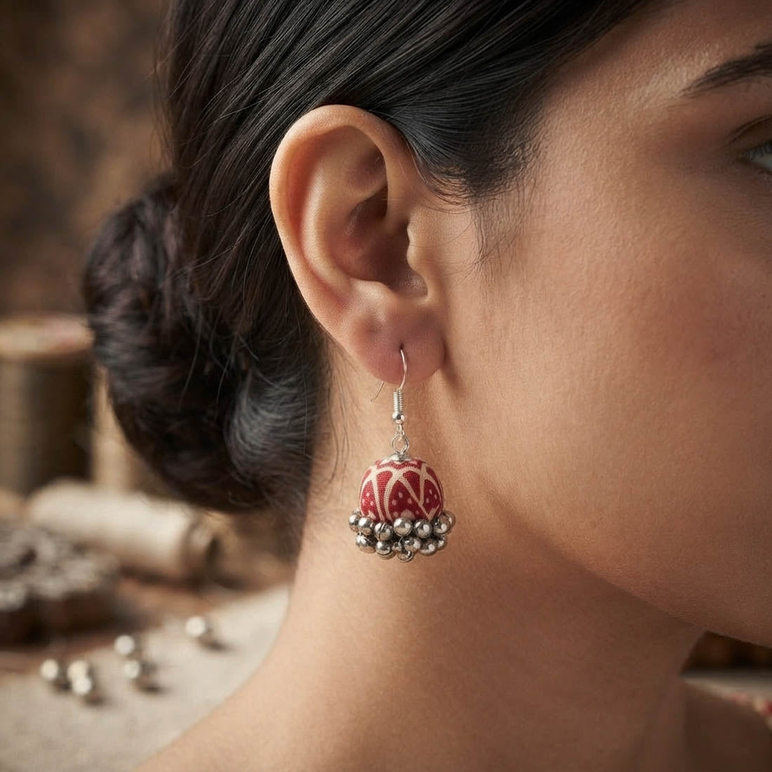 Rich Maroon Color Handcraft Earrings Jhumki Traditional Silk Thread Design