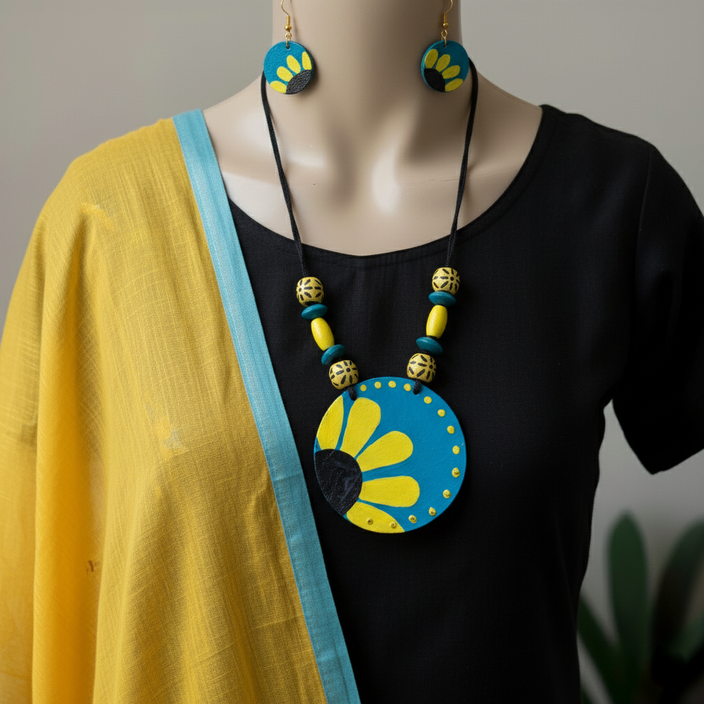 Stilvolles mehrfarbiges handgefertigtes Halskettenset aus Holz mit künstlerischem Tribal-Design