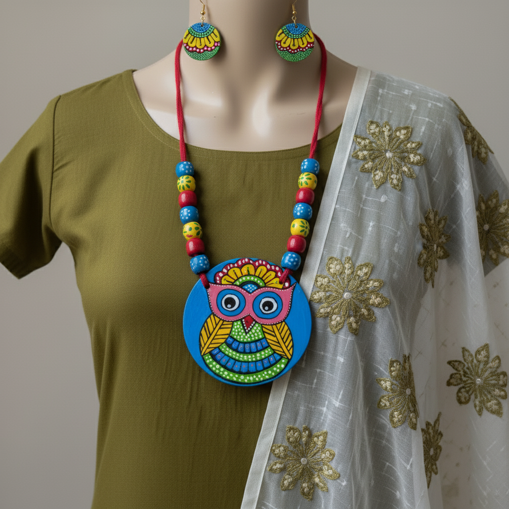 Handgemachtes mehrfarbiges Halsketten-Set aus Holz mit ethnischem Perlenanhänger