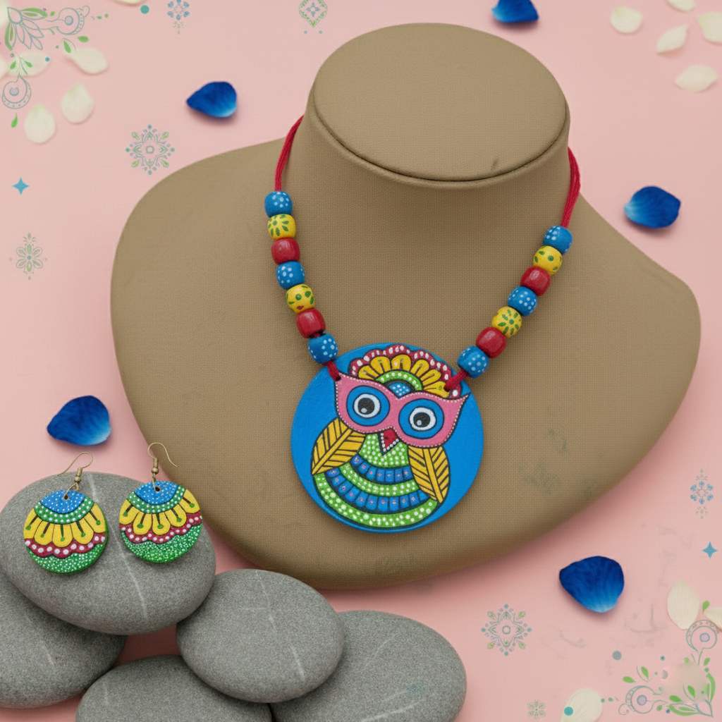 Handgemachtes mehrfarbiges Halsketten-Set aus Holz mit ethnischem Perlenanhänger