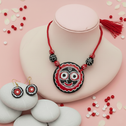 Classic Black & Maroon Color Wooden Handcraft Necklace Set With Rustic Look