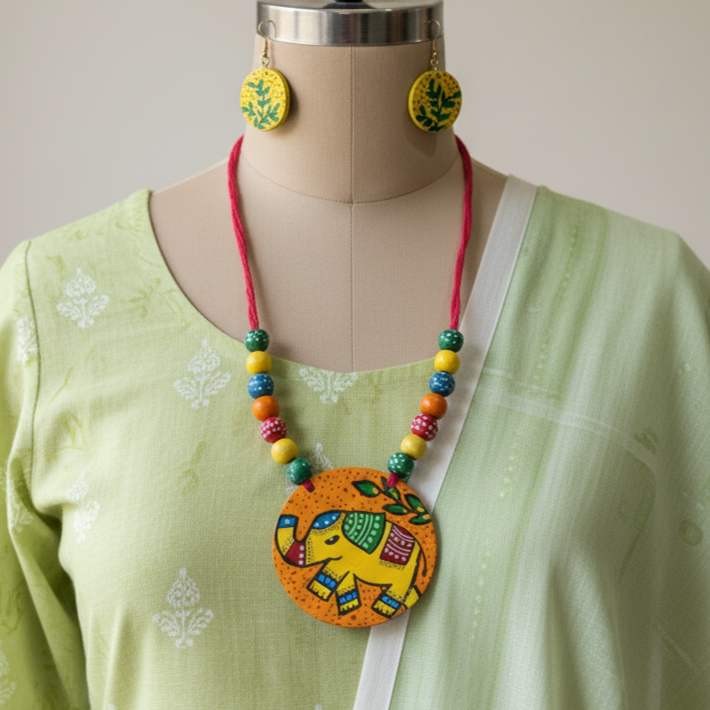 Artistic Multi Color Wooden Handcraft Necklace Set With Unique Handmade Detailing