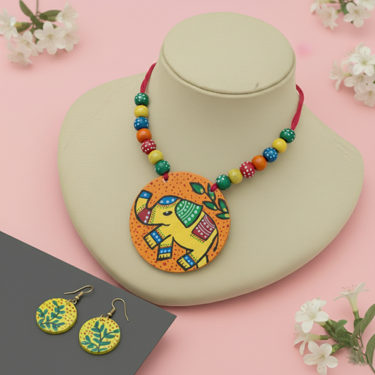 Artistic Multi Color Wooden Handcraft Necklace Set With Unique Handmade Detailing