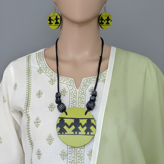 Multi Color Wooden Handcraft Necklace Set With Hand-Painted Artistic Design