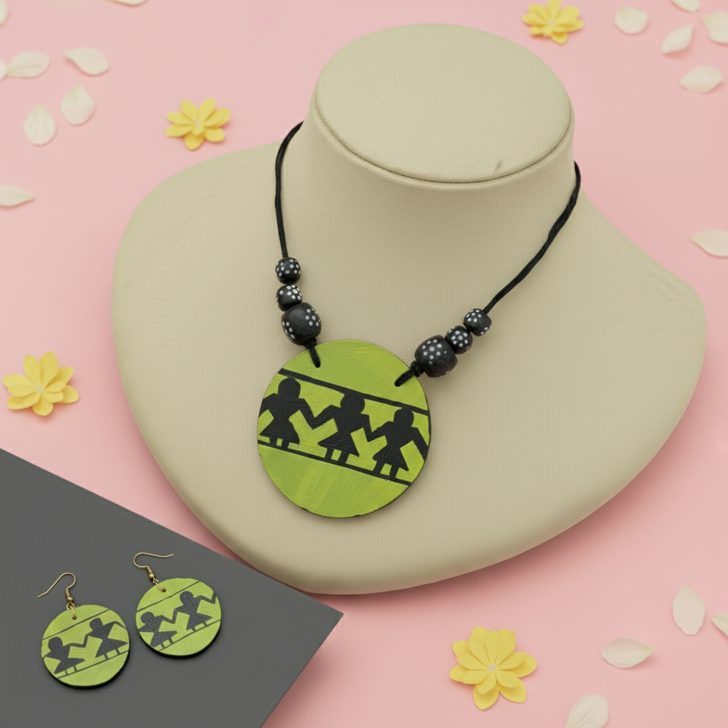 Multi Color Wooden Handcraft Necklace Set With Hand-Painted Artistic Design