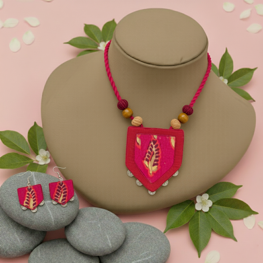 Atemberaubendes handgefertigtes Halskettenset aus Holz in Rani-Farben für ethnische und Fusion-Looks