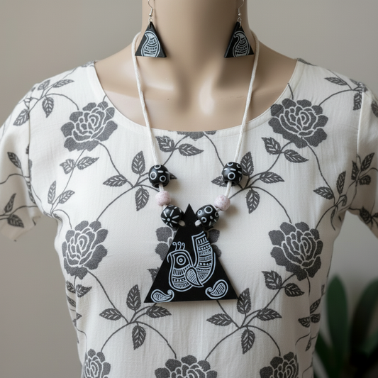 Classic Black Color Wooden Handcraft Necklace Set With Handcrafted Tribal Appeal