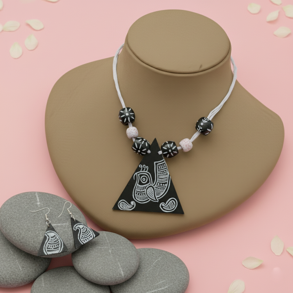 Classic Black Color Wooden Handcraft Necklace Set With Handcrafted Tribal Appeal