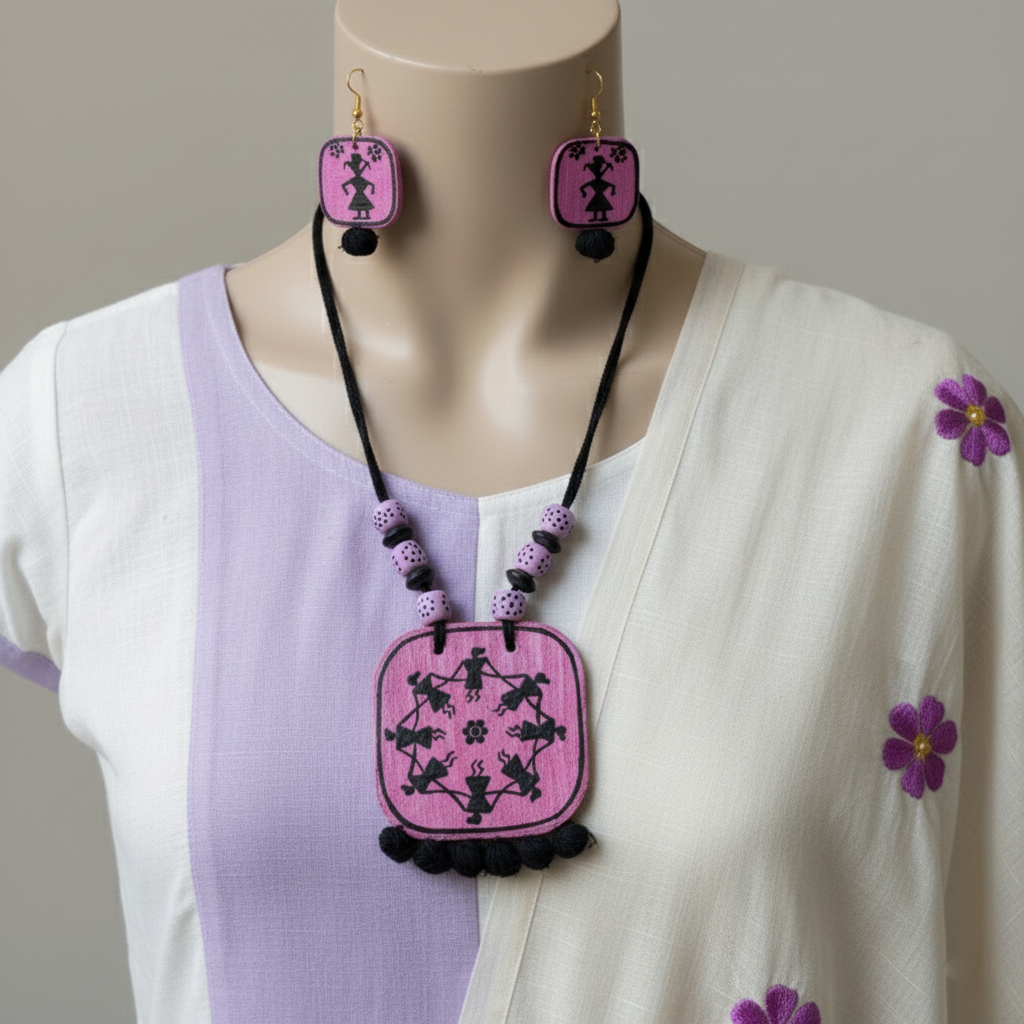 Beautiful Purple Color Wooden Handcraft Necklace Set Perfect For Modern Outfits