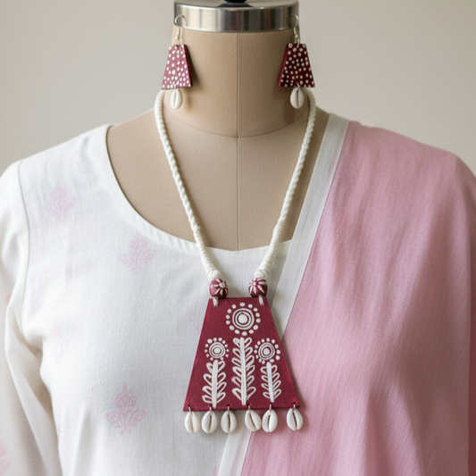 Handgefertigtes Halsketten-Set aus Holz in Kastanienbraun und Weiß für festlichen und Party-Stil