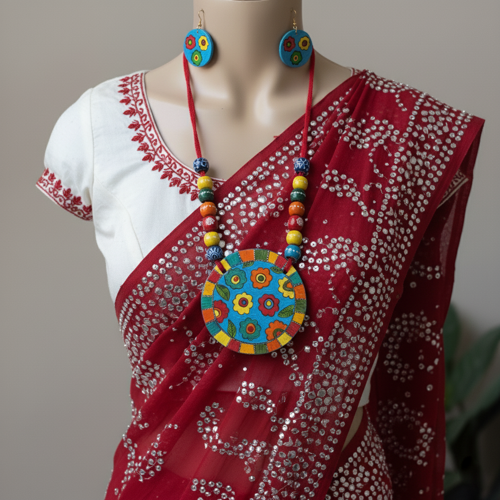 Chic Multi Color Wooden Handcraft Necklace Set With Vibrant Bead Arrangement