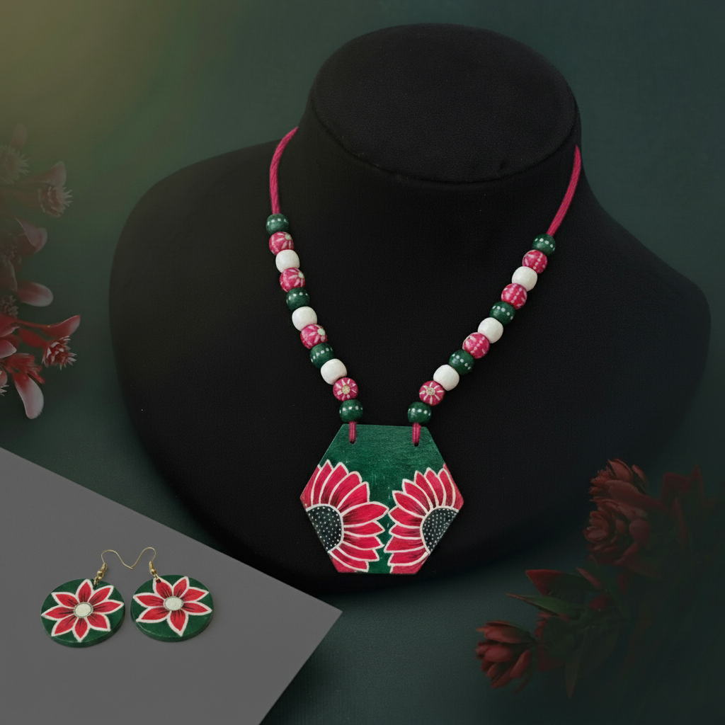 Traditionelles mehrfarbiges Halskettenset aus Holz mit ethnischer und künstlerischer Arbeit