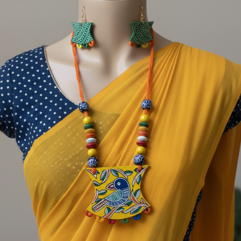 Lebendiges mehrfarbiges handgefertigtes Halsketten-Set aus Holz für zeitgenössische kulturelle Kleidung