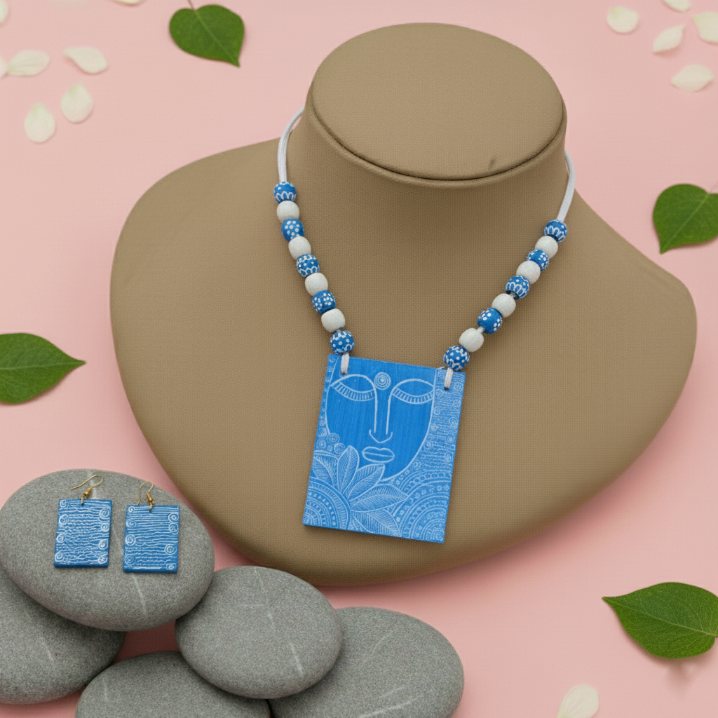 Stilvolles, handgefertigtes Halskettenset aus Holz in blauer Farbe mit handgefertigtem künstlerischem Finish