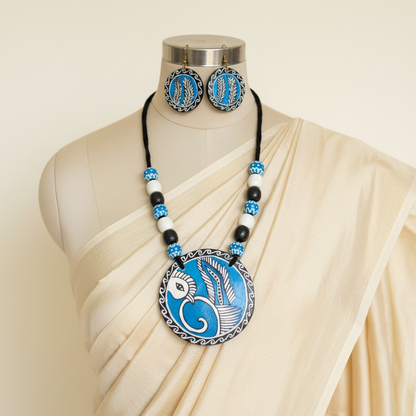 Elegant Blue & Black Color Wooden Handcraft Necklace Set For Classic Bohemian Look