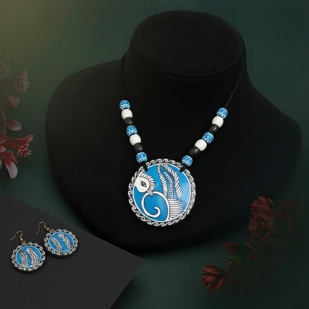 Elegant Blue & Black Color Wooden Handcraft Necklace Set For Classic Bohemian Look