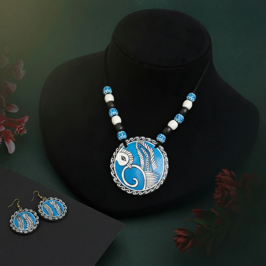 Elegant Blue & Black Color Wooden Handcraft Necklace Set For Classic Bohemian Look