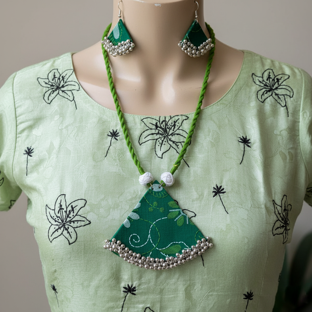 Beautiful Green Color Wooden Handcraft Necklace Set With Nature-Inspired Craft Design
