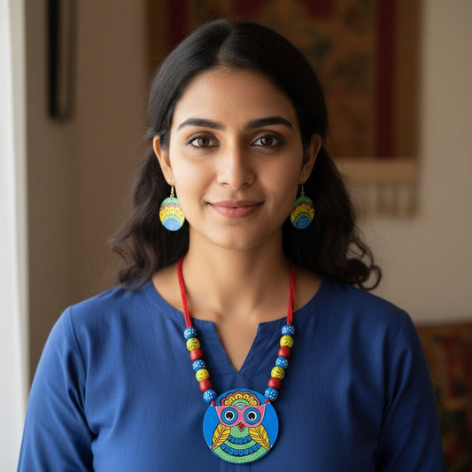 Multi Color Wooden Handcraft Necklace Set Featuring Vibrant Ethnic Patterns For Festive Wear
