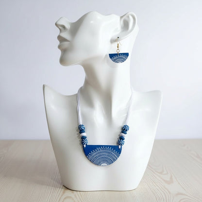 Turquoise Blue Color Wooden Handcraft Necklace Set With Stylish Hand-Carved Beaded Elements
