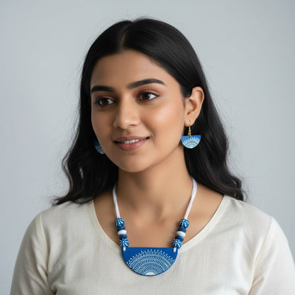 Turquoise Blue Color Wooden Handcraft Necklace Set With Stylish Hand-Carved Beaded Elements