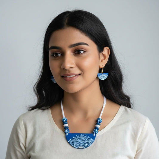 Turquoise Blue Color Wooden Handcraft Necklace Set With Stylish Hand-Carved Beaded Elements