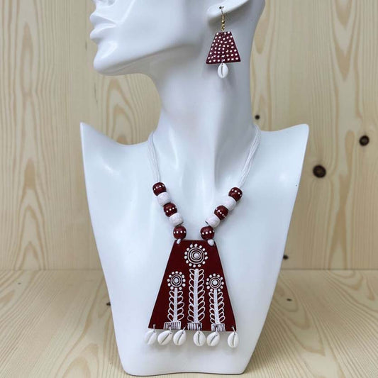 Maroon & White Color Wooden Handcraft Necklace Set With Traditional Handmade Wooden Charm Beads