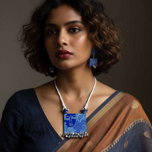 Blue Color Wooden Handcraft Necklace Set With Artistic Carved Wooden Beads For Ethnic Wear