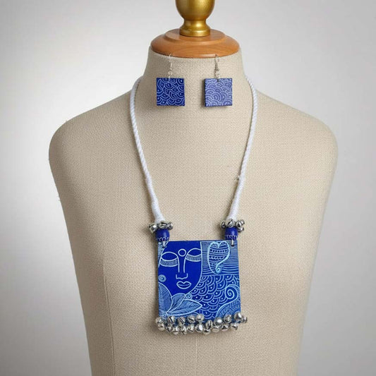 Blue Color Wooden Handcraft Necklace Set With Artistic Carved Wooden Beads For Ethnic Wear