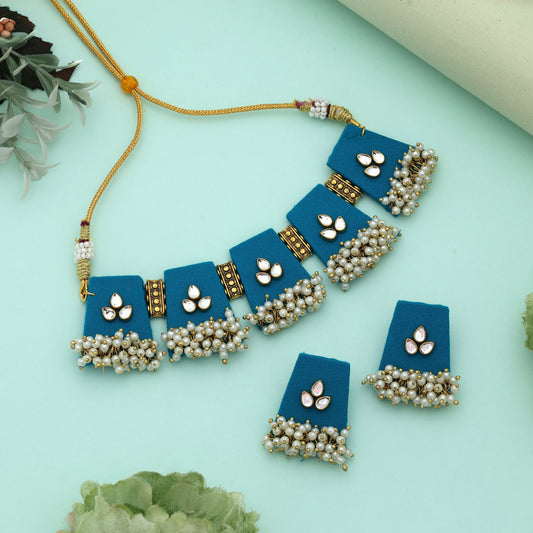 Firozi Color Choker Wooden Handcraft Necklace Set Elegant Modern Ethnic Party Wear Jewelry Design