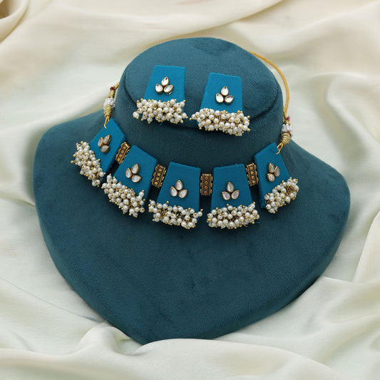 Firozi Color Choker Wooden Handcraft Necklace Set Elegant Modern Ethnic Party Wear Jewelry Design