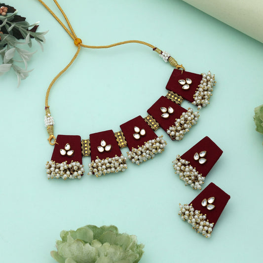 Maroon Color Choker Wooden Handcraft Necklace Set Stylish Ethnic Bridal Party Wear Jewelry Design