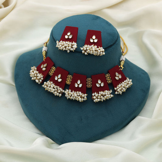 Maroon Color Choker Wooden Handcraft Necklace Set Stylish Ethnic Bridal Party Wear Jewelry Design