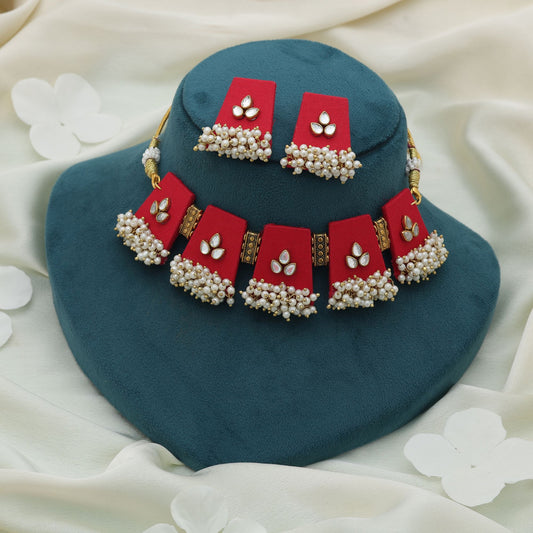 Red Color Choker Wooden Handcraft Necklace Set Royal Traditional Bridal Statement Jewelry Design