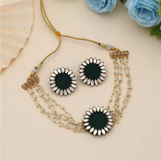 Green Color Choker Wooden Handcraft Necklace Set Stylish Ethnic Bridal Wear Jewelry Collection Design