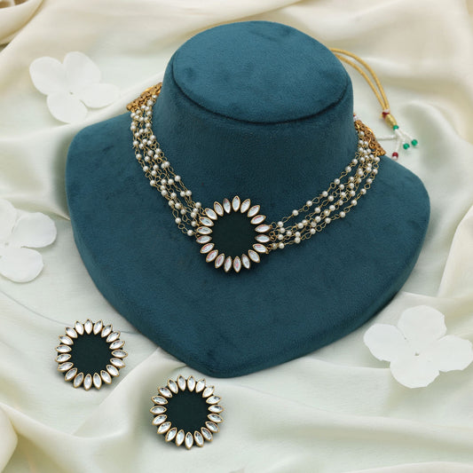 Green Color Choker Wooden Handcraft Necklace Set Stylish Ethnic Bridal Wear Jewelry Collection Design