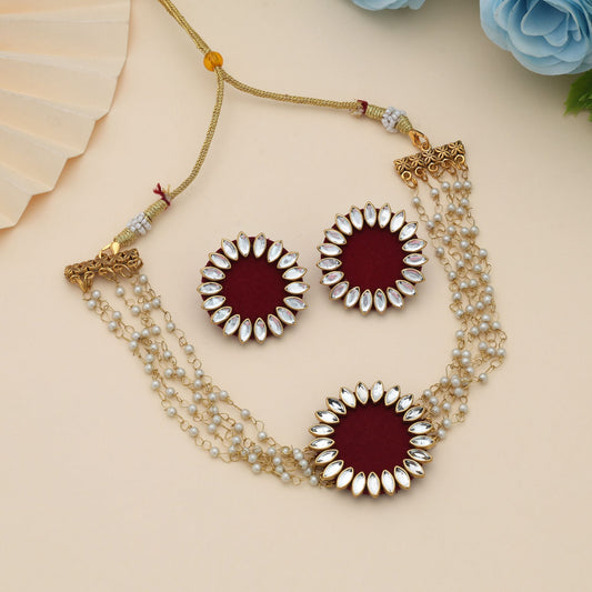 Maroon Color Choker Wooden Handcraft Necklace Set Elegant Designer Festive Party Wear Jewelry Collection