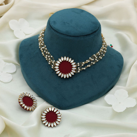 Maroon Color Choker Wooden Handcraft Necklace Set Elegant Designer Festive Party Wear Jewelry Collection