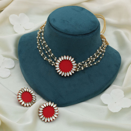 Red Color Choker Wooden Handcraft Necklace Set Classic Festive Traditional Statement Jewelry Collection